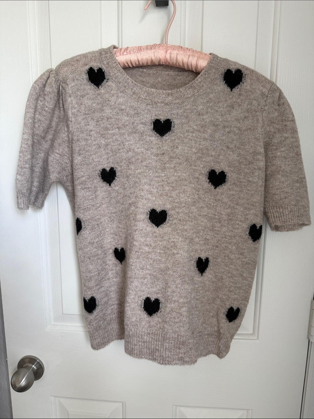 Cozy Taupe Knit Sweater with Black Heart Motif